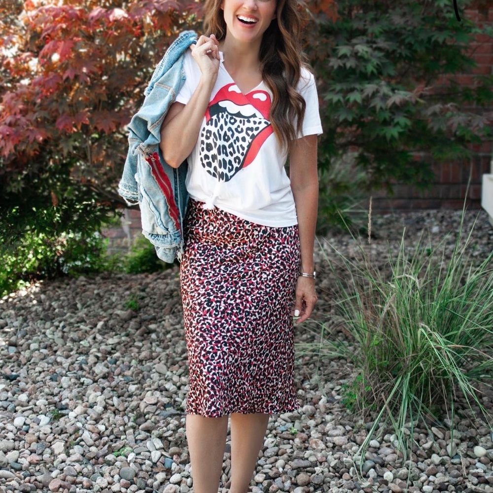 Sanctuary Red Leopard-Print Midi Satin Skirt XS